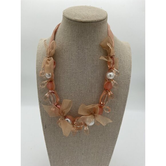 Peach Beaded Necklace With Sheer Ribbon & Pearl Accents By Robert Rose - Picture 1 of 5